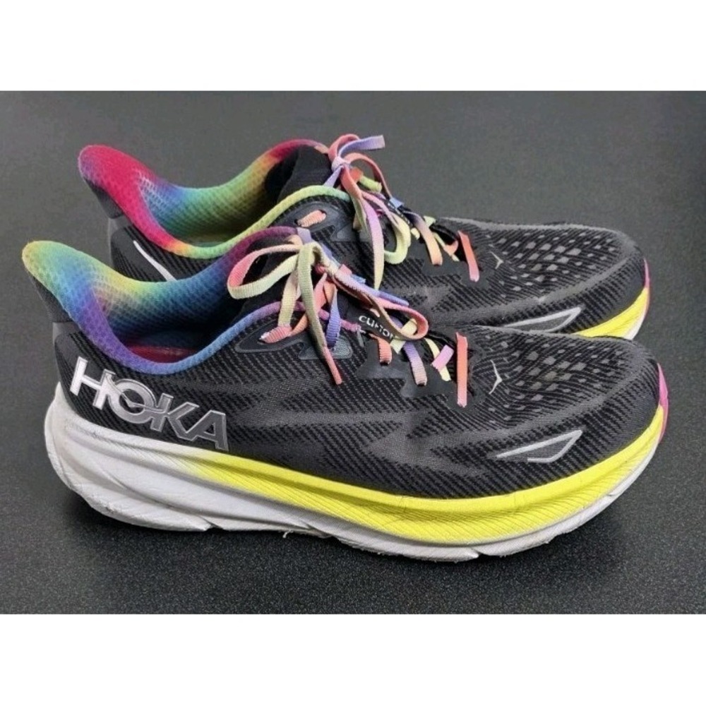 HOKA One One Clifton 9 Men Running Shoes Black Rainbow US 12.5D Training